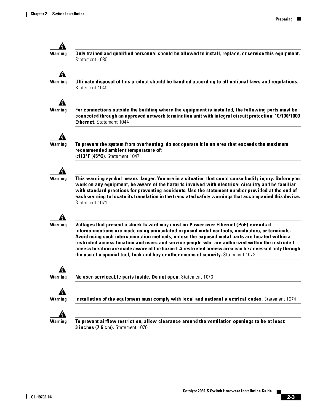 Cisco Systems WSC2960S24TSSRF, 2960S-24TS-S manual 113F 45C. Statement 