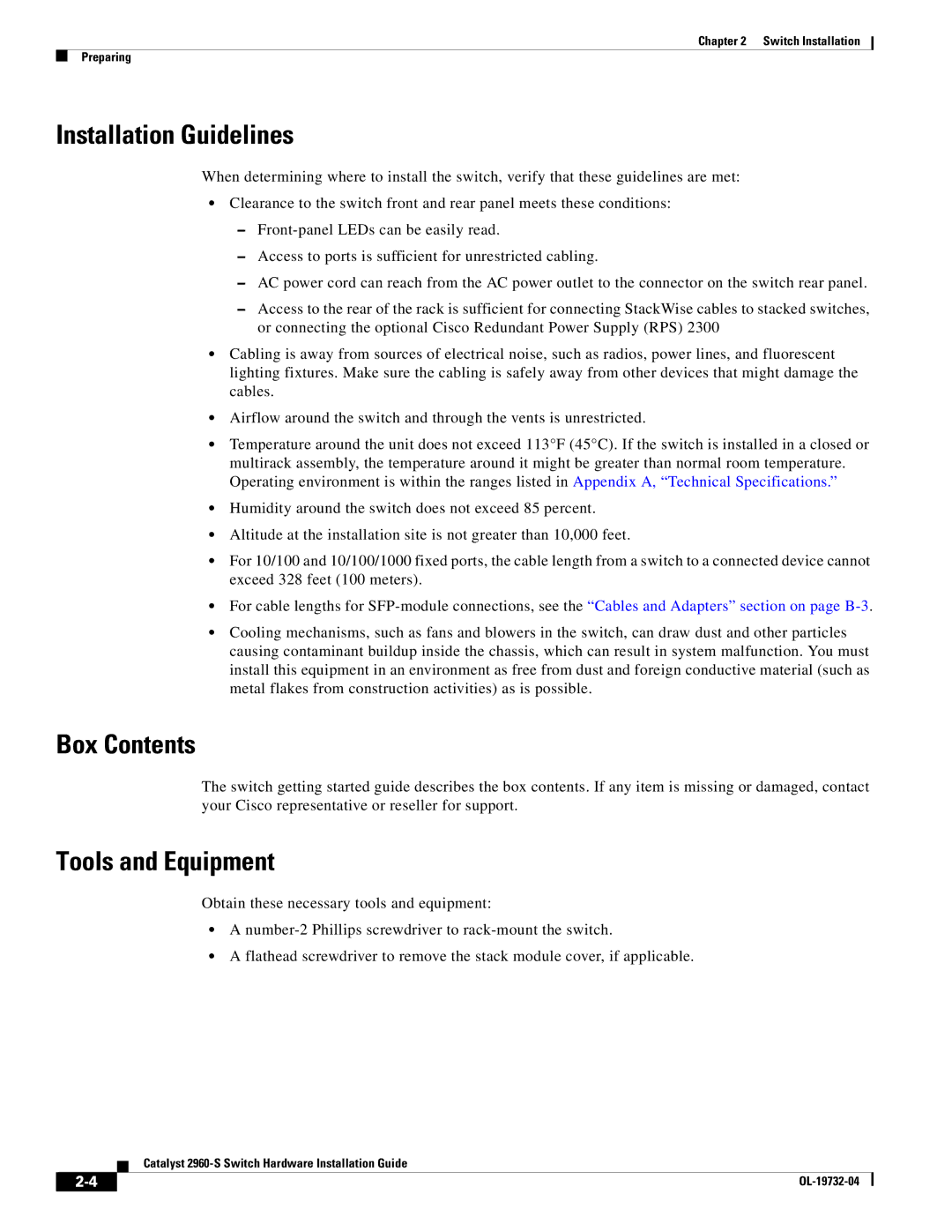 Cisco Systems WSC2960S24TSSRF, 2960S-24TS-S manual Installation Guidelines, Box Contents, Tools and Equipment 