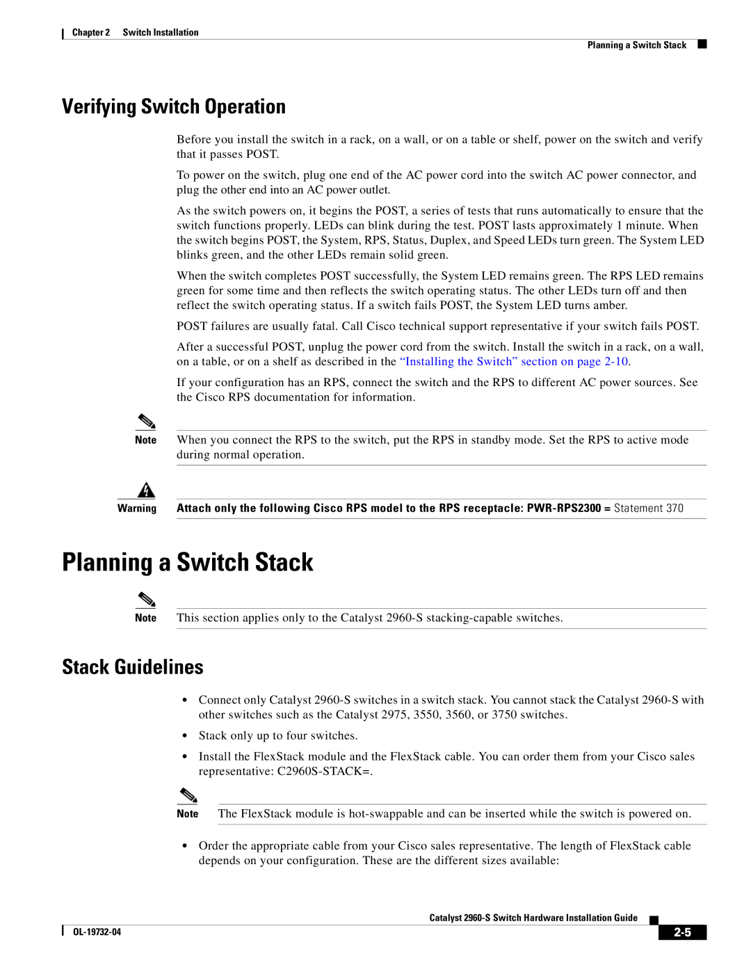 Cisco Systems 2960S-24TS-S, WSC2960S24TSSRF manual Planning a Switch Stack, Verifying Switch Operation, Stack Guidelines 