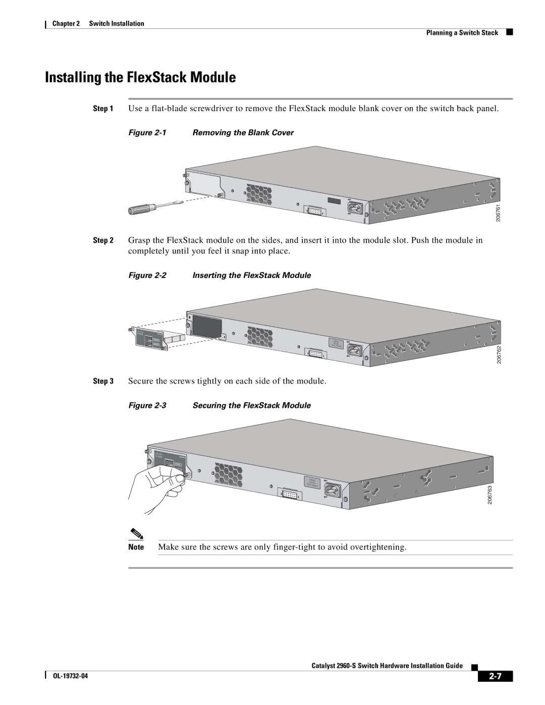 Cisco Systems WSC2960S24TSSRF Installing the FlexStack Module, Secure the screws tightly on each side of the module 