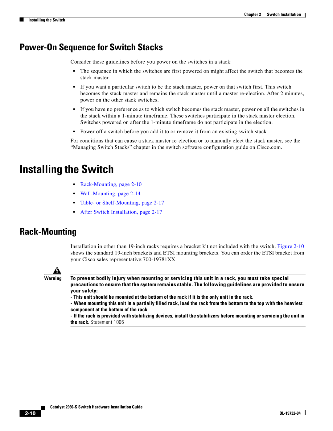 Cisco Systems WSC2960S24TSSRF, 2960S-24TS-S manual Installing the Switch, Power-On Sequence for Switch Stacks, Rack-Mounting 