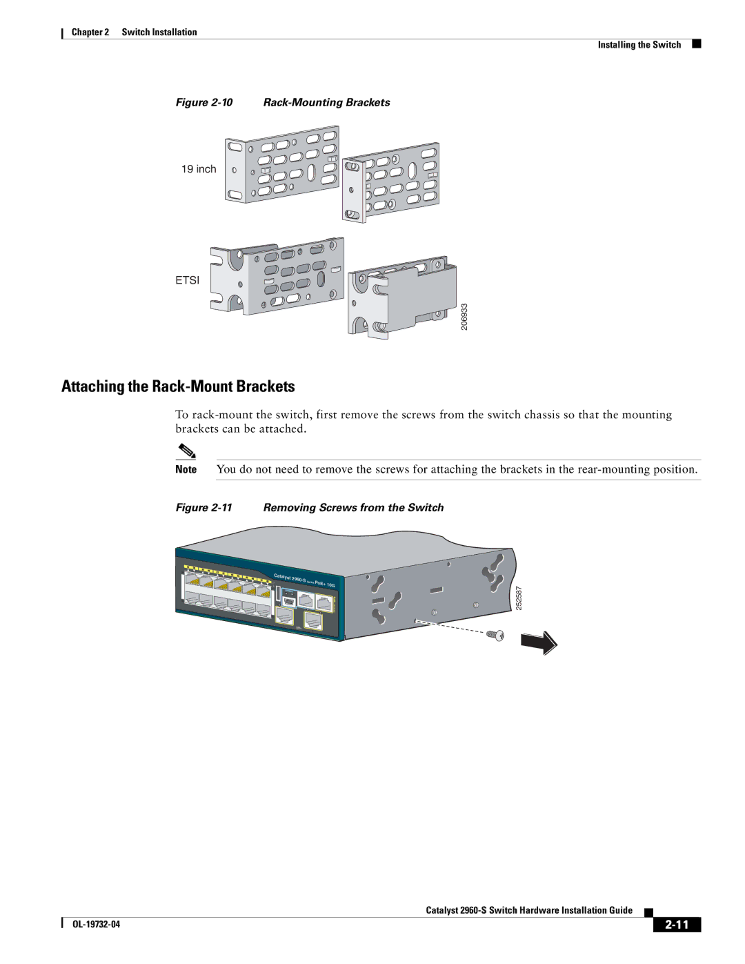 Cisco Systems WSC2960S24TSSRF, 2960S-24TS-S manual Attaching the Rack-Mount Brackets, Rack-Mounting Brackets 