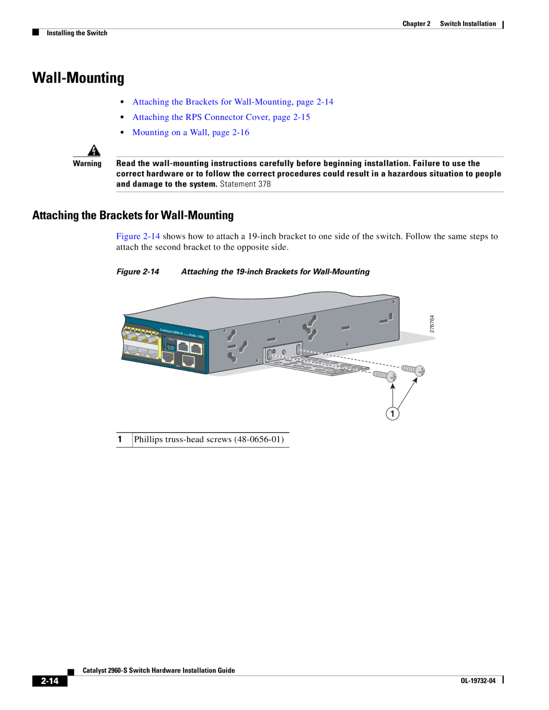 Cisco Systems WSC2960S24TSSRF, 2960S-24TS-S manual Attaching the Brackets for Wall-Mounting, Phillips truss-head screws 