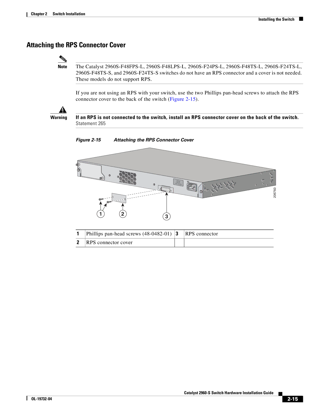 Cisco Systems WSC2960S24TSSRF, 2960S-24TS-S manual Attaching the RPS Connector Cover, Statement 