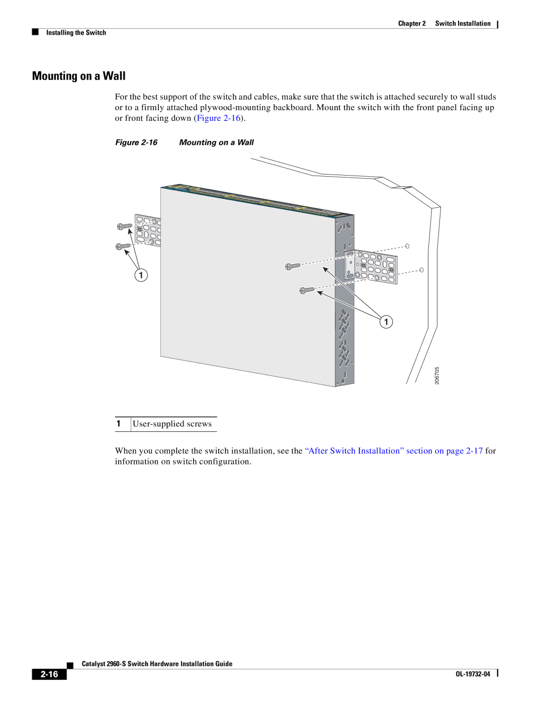 Cisco Systems WSC2960S24TSSRF, 2960S-24TS-S manual Mounting on a Wall 