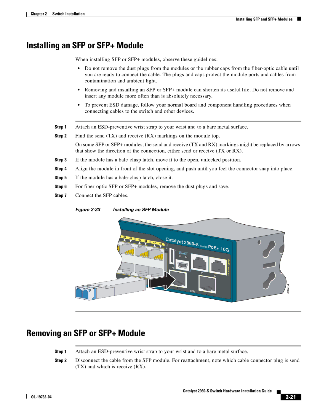 Cisco Systems 2960S-24TS-S, WSC2960S24TSSRF manual Installing an SFP or SFP+ Module, Removing an SFP or SFP+ Module 