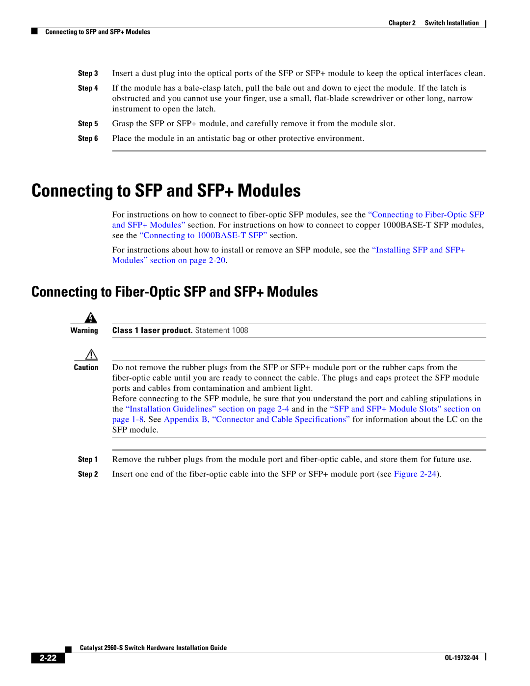 Cisco Systems WSC2960S24TSSRF manual Connecting to SFP and SFP+ Modules, Connecting to Fiber-Optic SFP and SFP+ Modules 