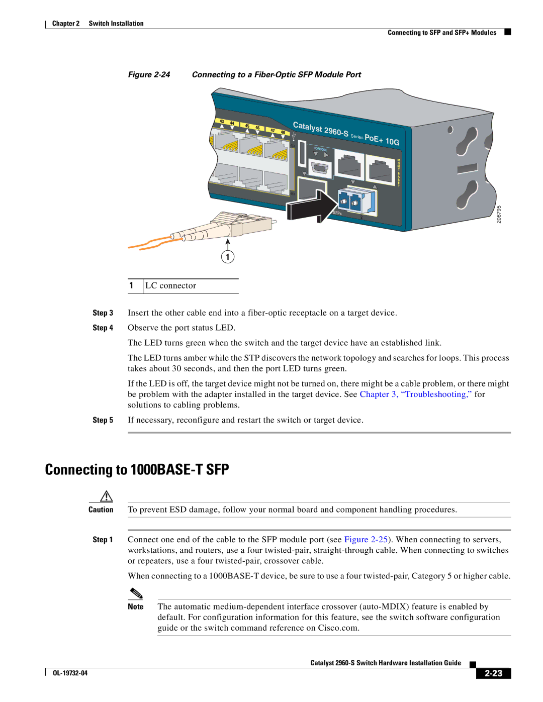 Cisco Systems WSC2960S24TSSRF, 2960S-24TS-S Connecting to 1000BASE-T SFP, Connecting to a Fiber-Optic SFP Module Port 