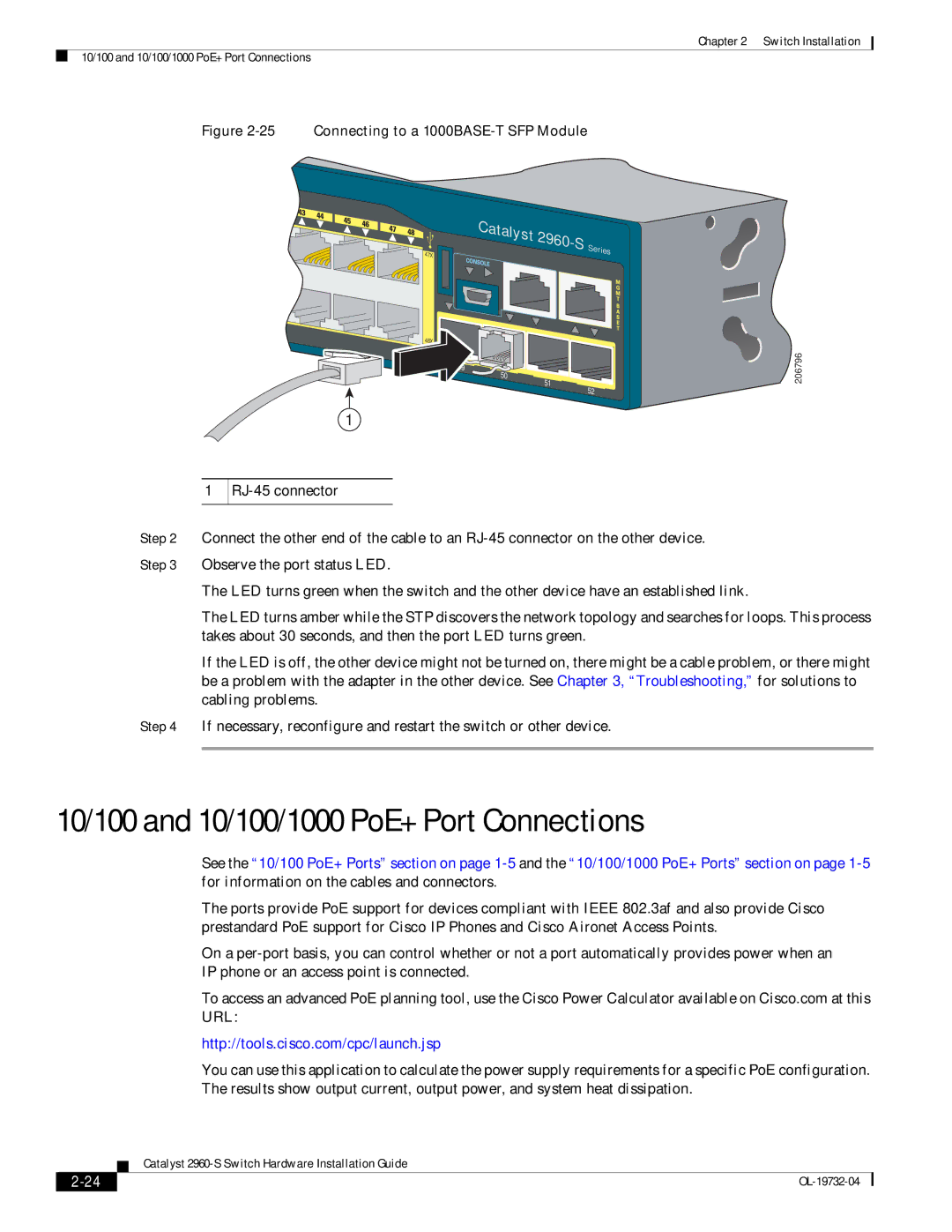 Cisco Systems WSC2960S24TSSRF, 2960S-24TS-S manual 10/100 and 10/100/1000 PoE+ Port Connections, RJ-45 connector 