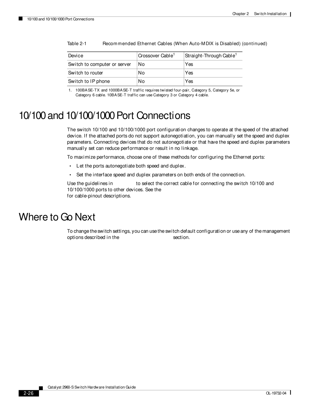 Cisco Systems WSC2960S24TSSRF manual 10/100 and 10/100/1000 Port Connections, Where to Go Next, Device Crossover Cable 