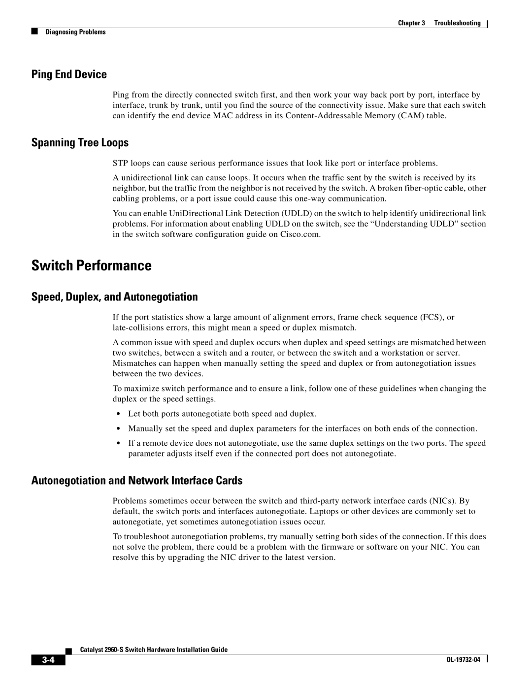 Cisco Systems WSC2960S24TSSRF Switch Performance, Ping End Device, Spanning Tree Loops, Speed, Duplex, and Autonegotiation 