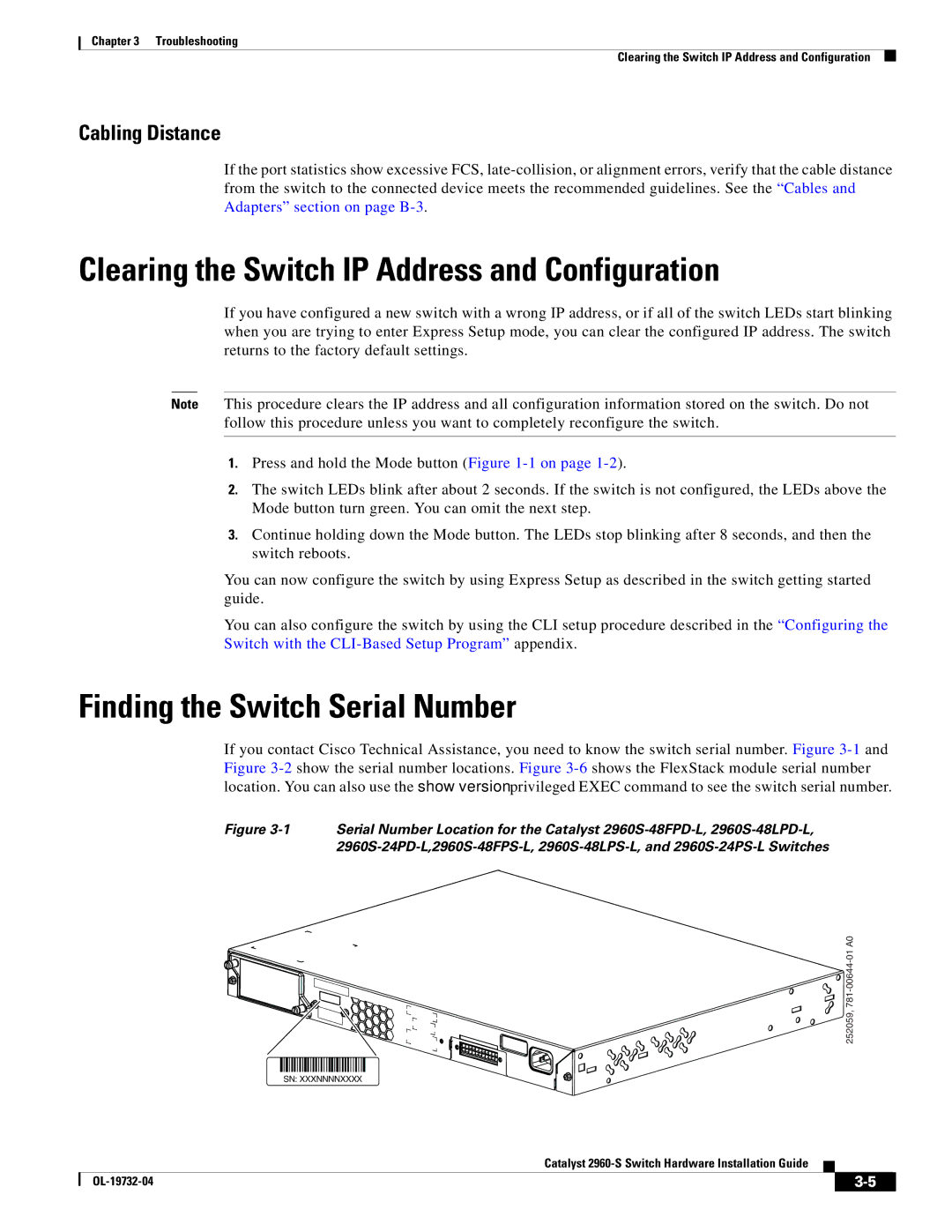 Cisco Systems 2960S Clearing the Switch IP Address and Configuration, Finding the Switch Serial Number, Cabling Distance 