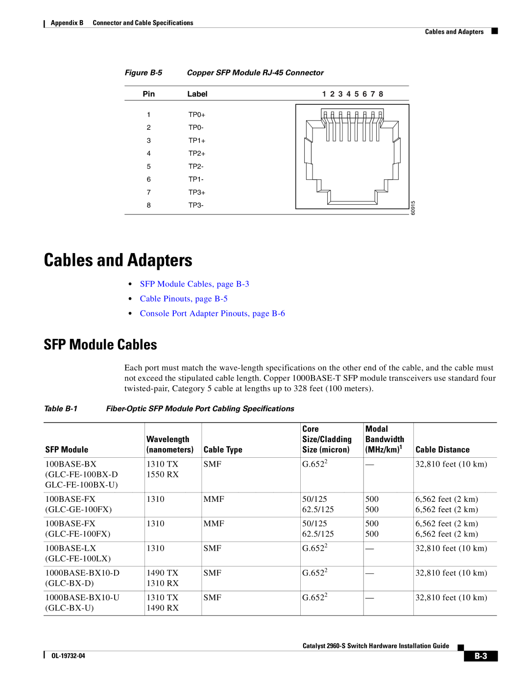 Cisco Systems 2960S-24TS-S, WSC2960S24TSSRF manual Cables and Adapters, SFP Module Cables 