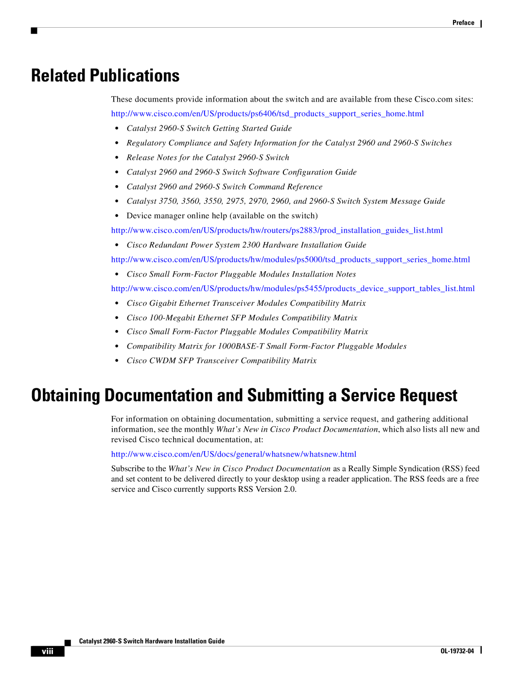 Cisco Systems WSC2960S24TSSRF, 2960S-24TS-S Related Publications, Obtaining Documentation and Submitting a Service Request 