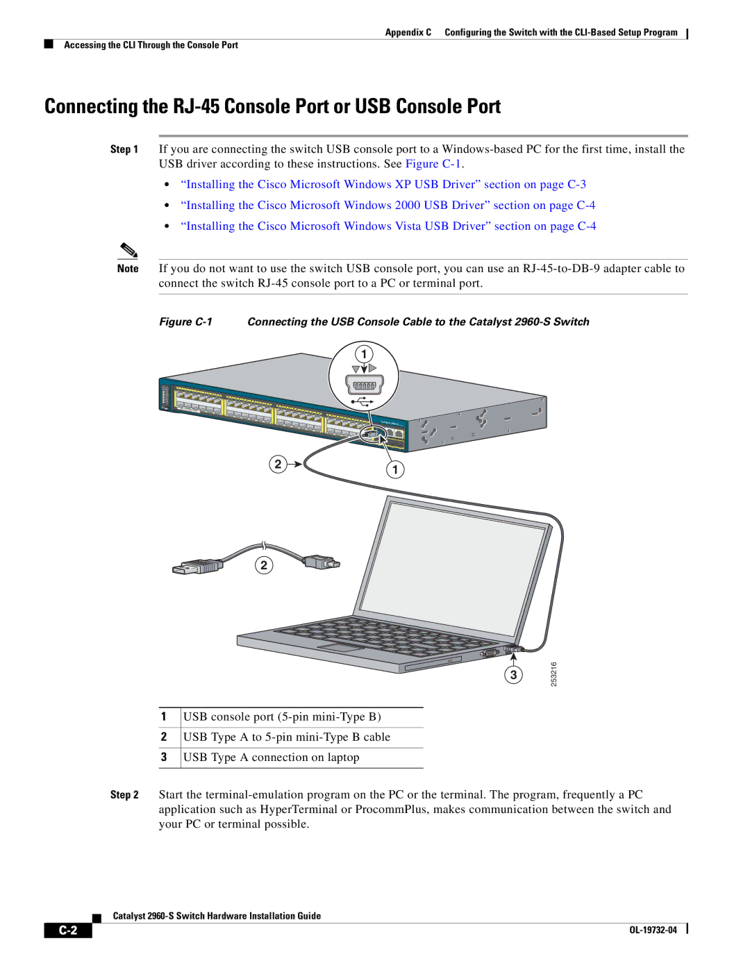 Cisco Systems WSC2960S24TSSRF, 2960S-24TS-S manual Connecting the RJ-45 Console Port or USB Console Port 