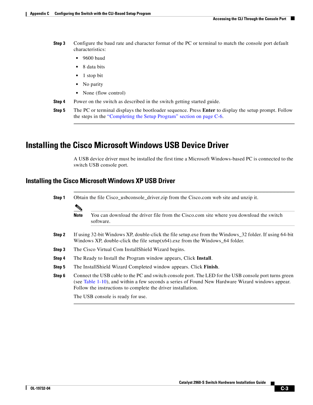 Cisco Systems 2960S-24TS-S, WSC2960S24TSSRF manual Installing the Cisco Microsoft Windows USB Device Driver 