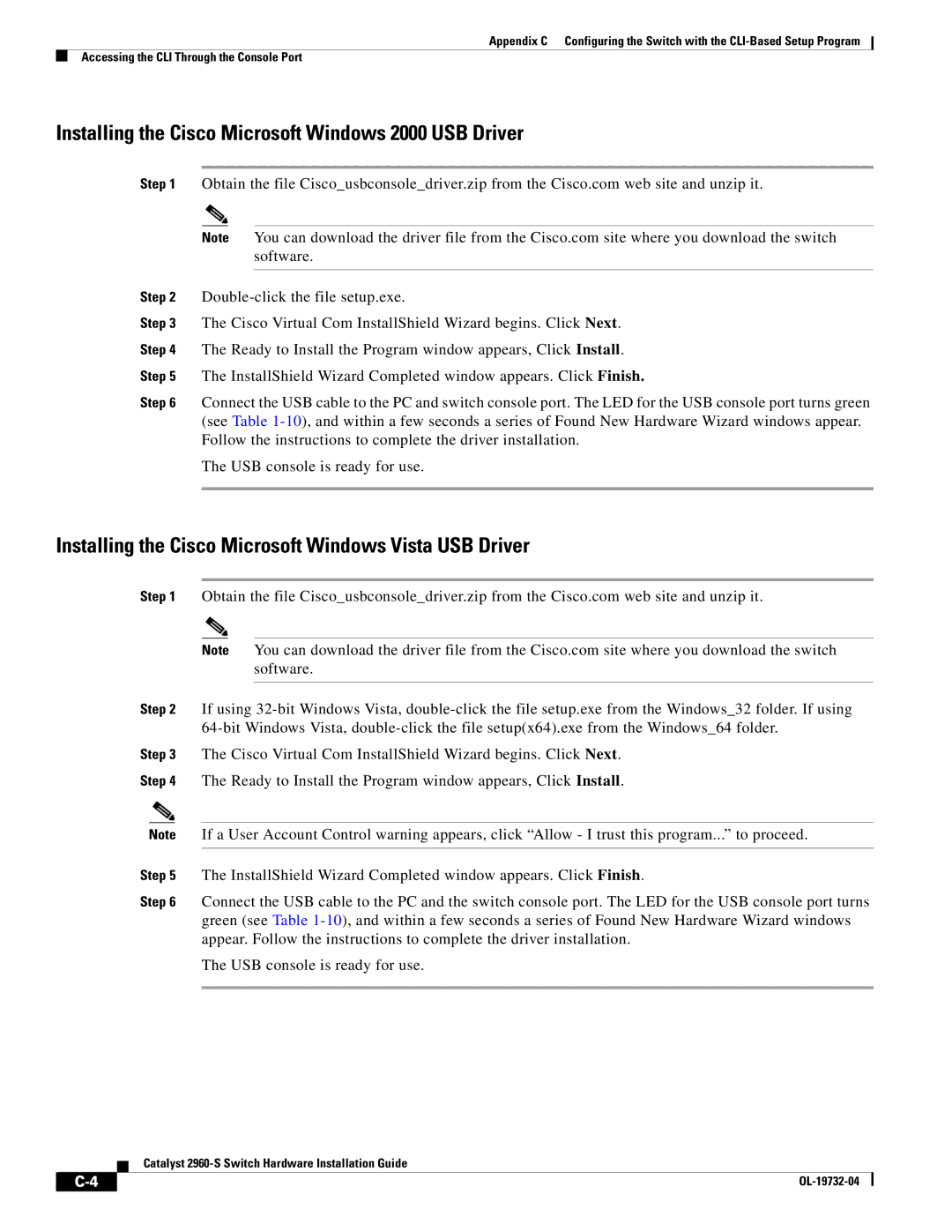 Cisco Systems WSC2960S24TSSRF, 2960S-24TS-S manual Installing the Cisco Microsoft Windows 2000 USB Driver 