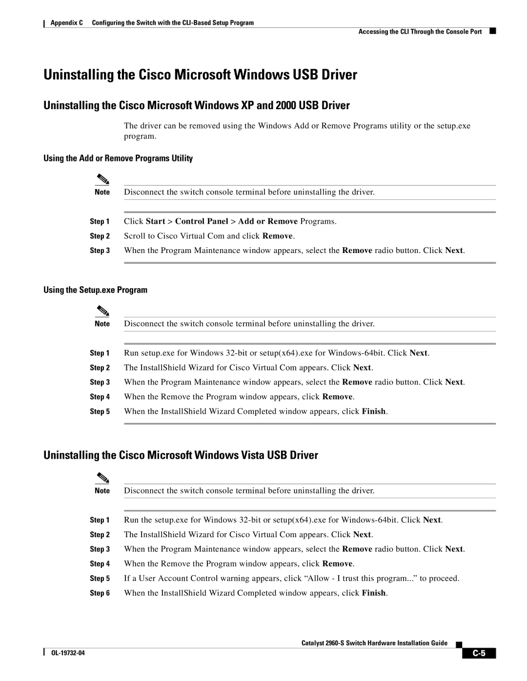 Cisco Systems WSC2960S24TSSRF, 2960S-24TS-S manual Uninstalling the Cisco Microsoft Windows USB Driver 