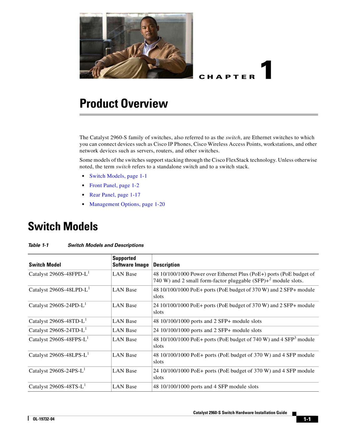 Cisco Systems WSC2960S24TSSRF, 2960S-24TS-S manual Switch Models, Supported Switch Model, Description 