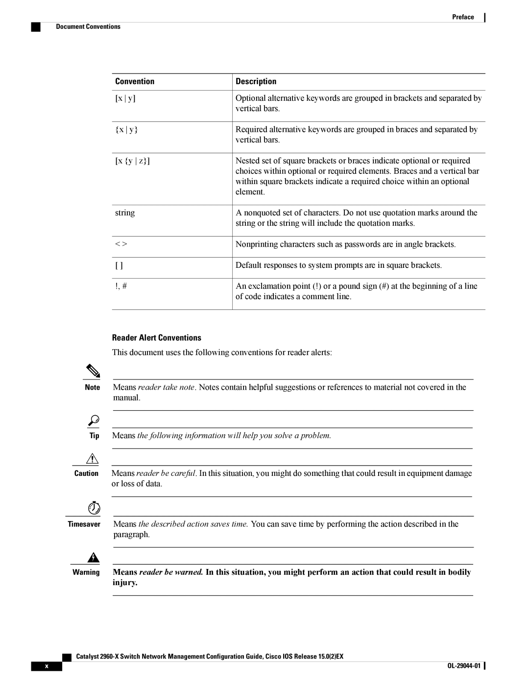 Cisco Systems WSC2960X24TSLL, WSC2960X24TDL, WSC2960X48TSL, WSC2960X24PSL, WSC2960X24PDL, C2960XSTACK Reader Alert Conventions 