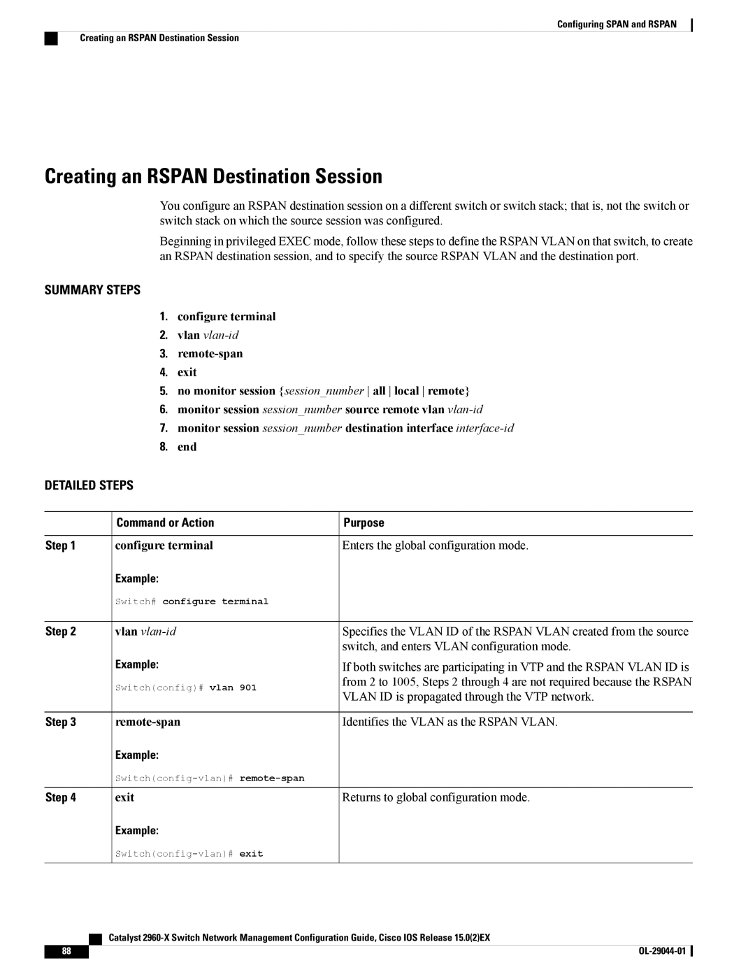 Cisco Systems WSC2960X24PSL, WSC2960X24TDL, WSC2960X48TSL manual Creating an Rspan Destination Session, Configure terminal 