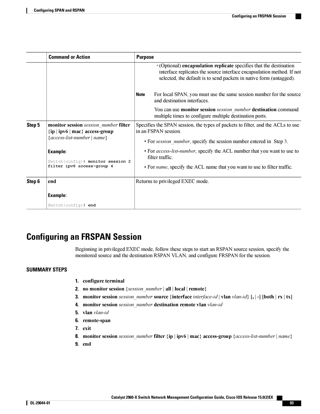 Cisco Systems WSC2960X24TDL, WSC2960X48TSL, WSC2960X24PSL, WSC2960X24TSLL, WSC2960X24PDL manual Configuring an Frspan Session 