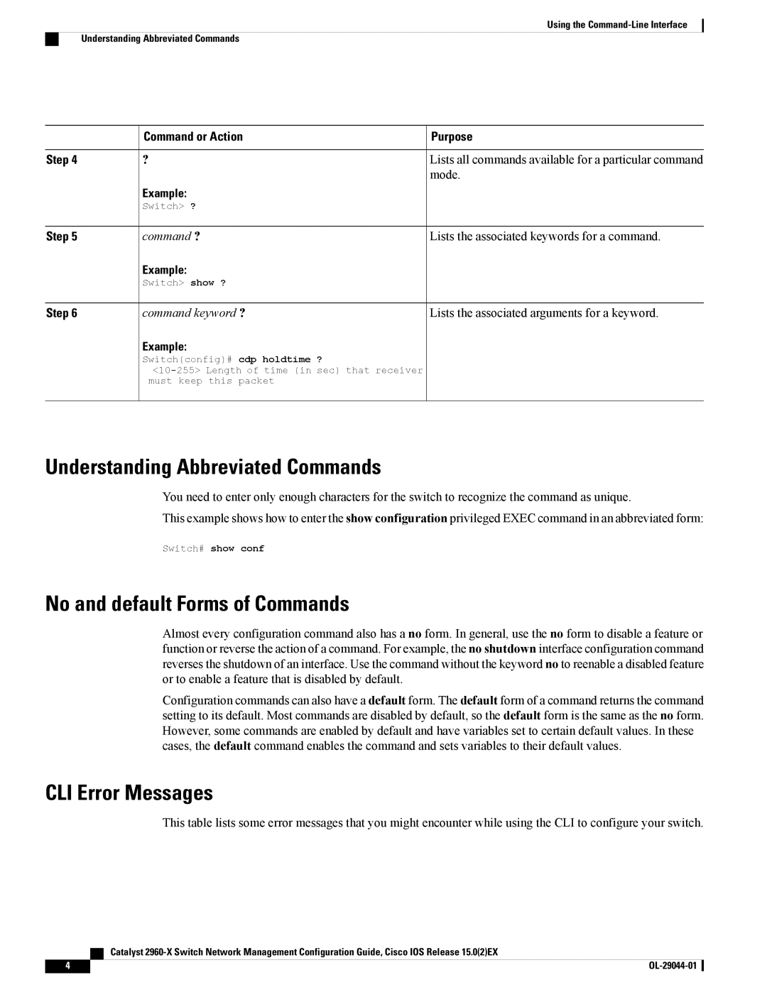 Cisco Systems WSC2960X24PSL manual Understanding Abbreviated Commands, No and default Forms of Commands, CLI Error Messages 