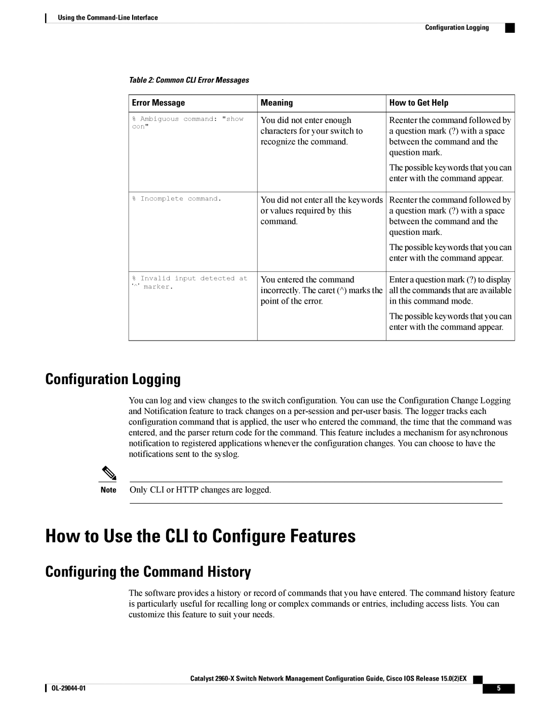 Cisco Systems WSC2960X24TSLL manual How to Use the CLI to Configure Features, Configuration Logging, Error Message Meaning 