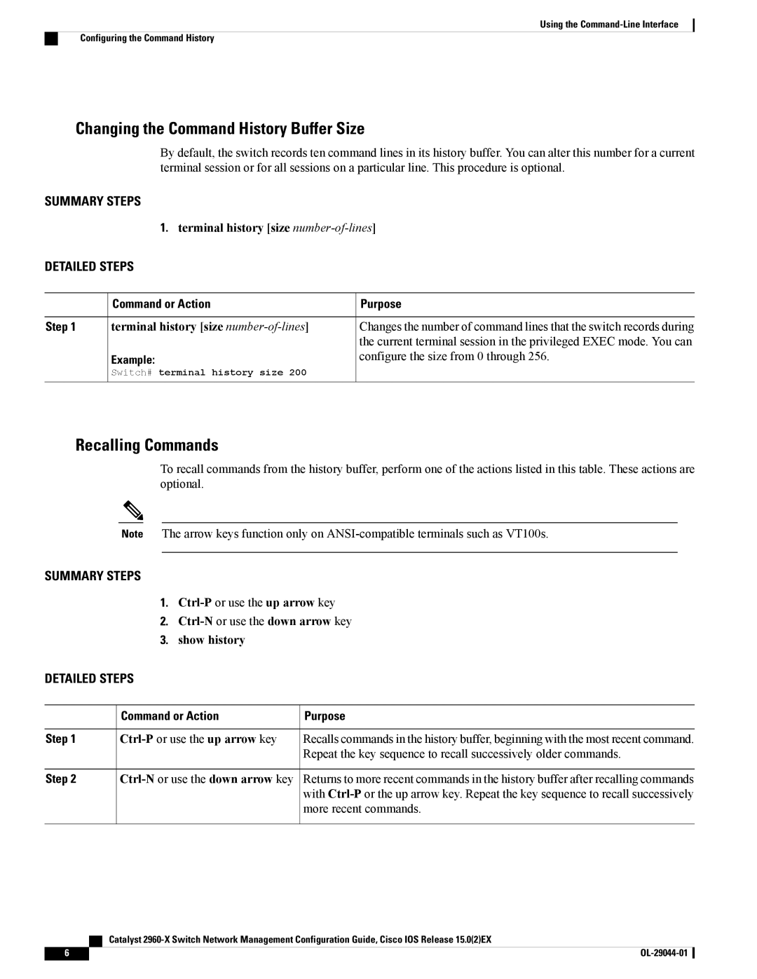 Cisco Systems WSC2960X24PDL, WSC2960X24TDL Changing the Command History Buffer Size, Recalling Commands, Command or Action 