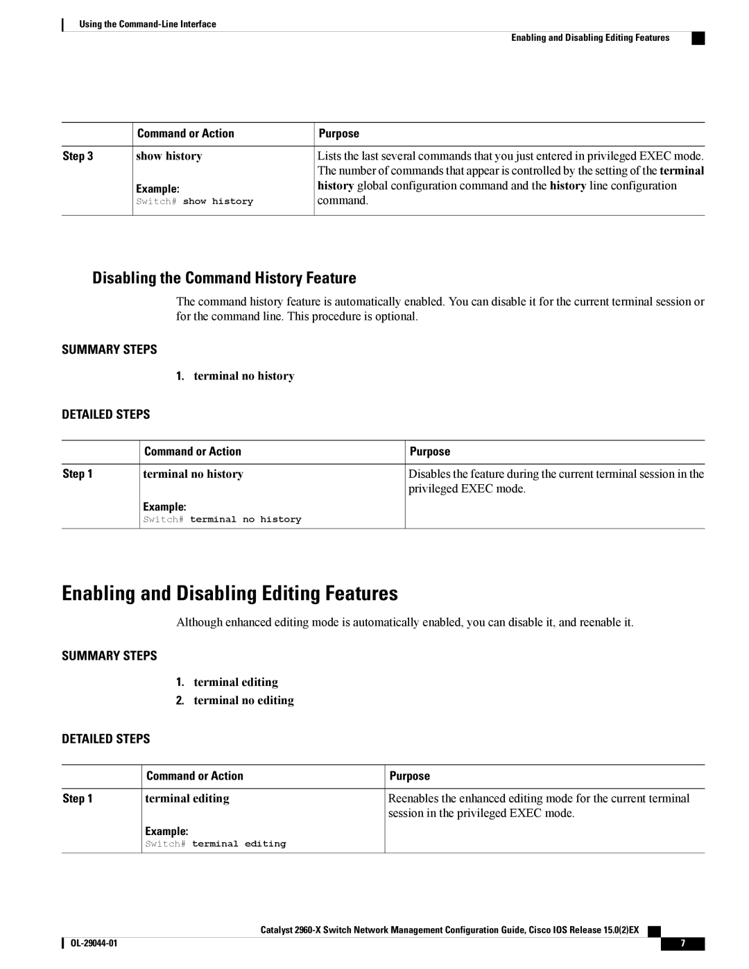 Cisco Systems C2960XSTACK, WSC2960X24TDL Enabling and Disabling Editing Features, Disabling the Command History Feature 