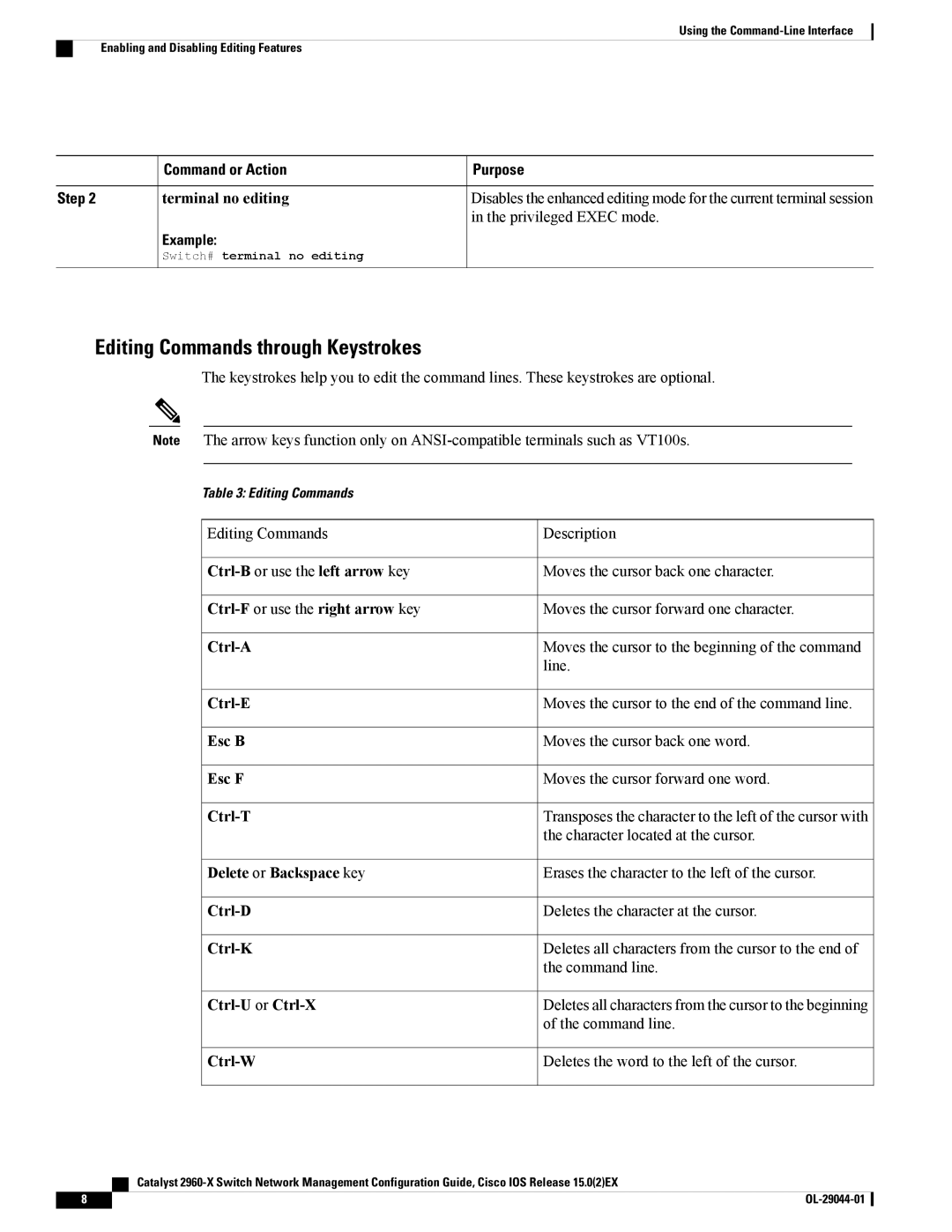 Cisco Systems WSC2960X24TDL, WSC2960X48TSL, WSC2960X24PSL, WSC2960X24TSLL, C2960XSTACK Editing Commands through Keystrokes 