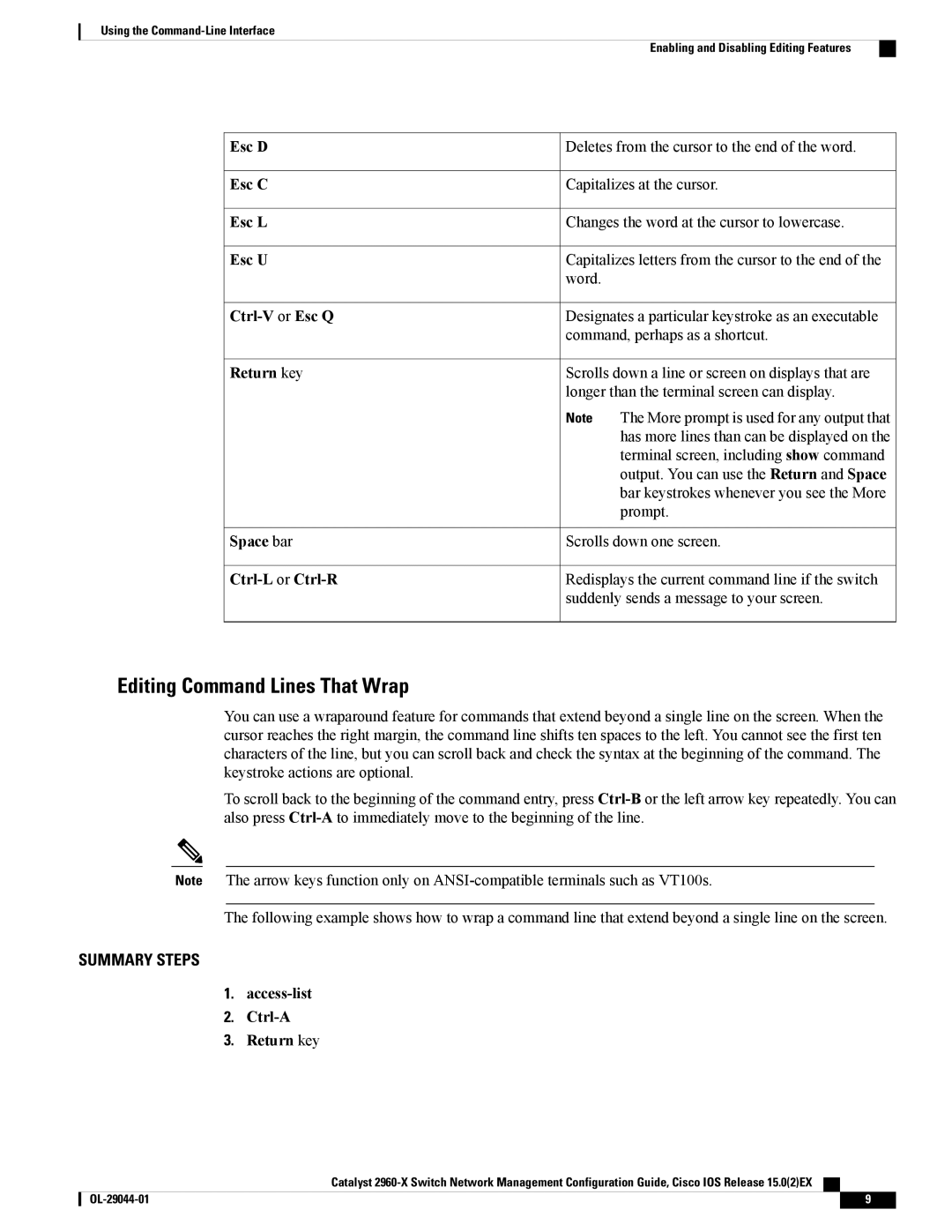 Cisco Systems WSC2960X24TDL, WSC2960X48TSL, WSC2960X24PSL, WSC2960X24TSLL, WSC2960X24PDL manual Editing Command Lines That Wrap 