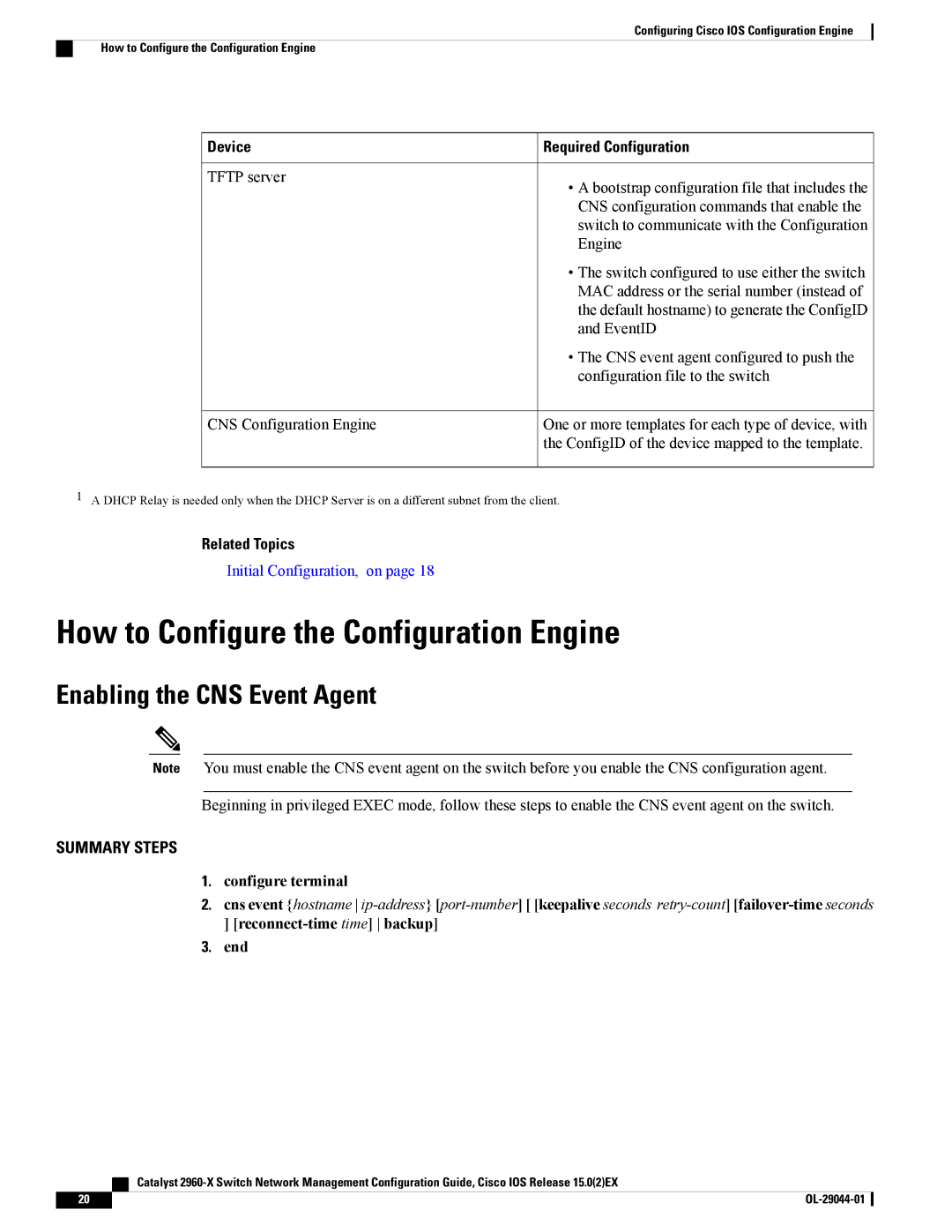 Cisco Systems WSC2960X24PDL How to Configure the Configuration Engine, Enabling the CNS Event Agent, Configure terminal 