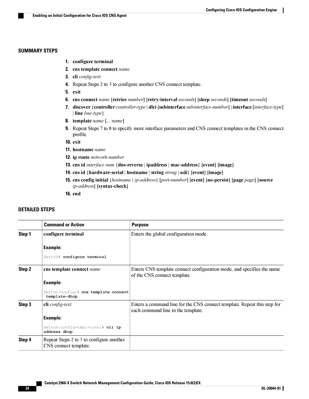 Cisco Systems WSC2960X48TSL, WSC2960X24TDL, WSC2960X24PSL Configure terminal Cns template connect name, Exit Hostname name 