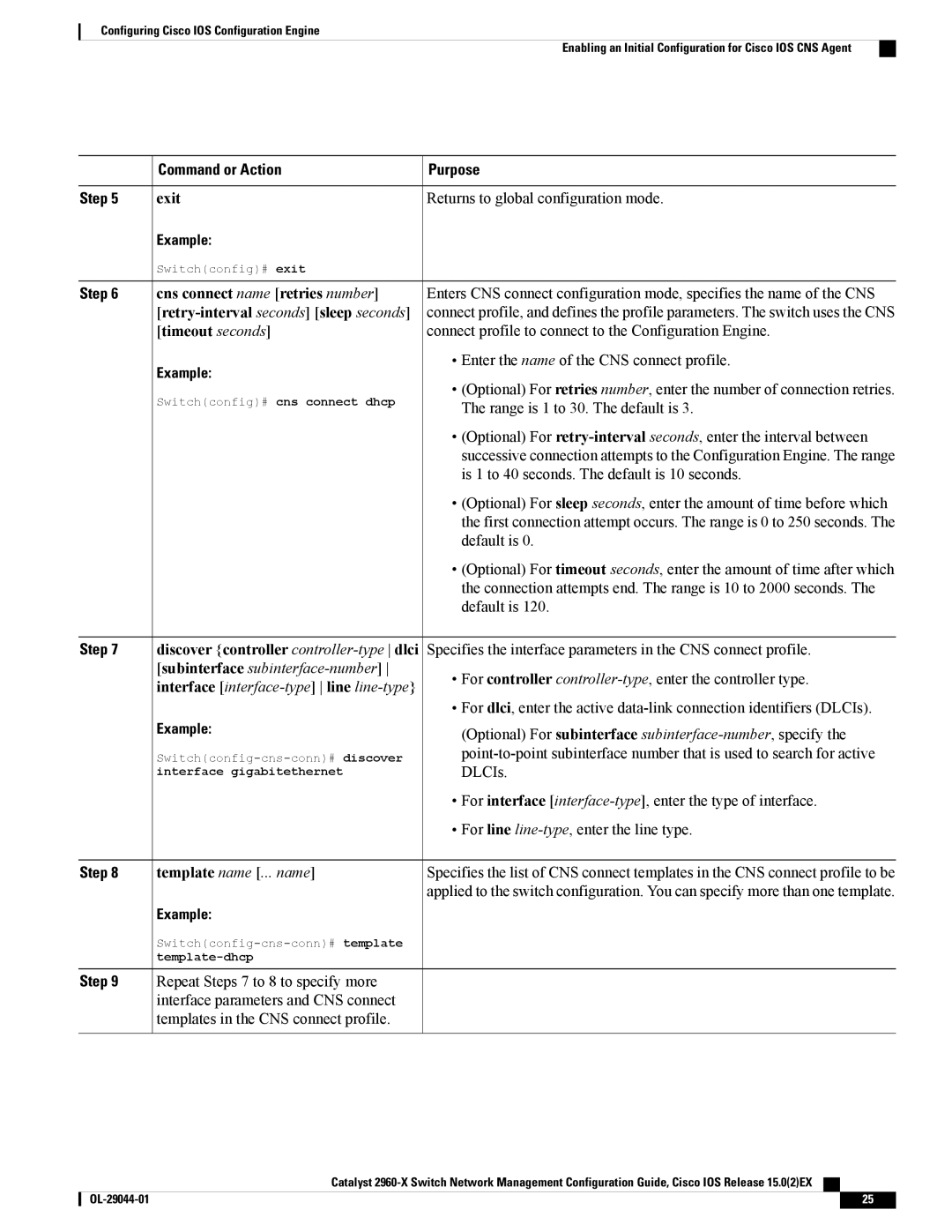 Cisco Systems WSC2960X24PSL manual Exit Returns to global configuration mode, Discover controller controller-typedlci 