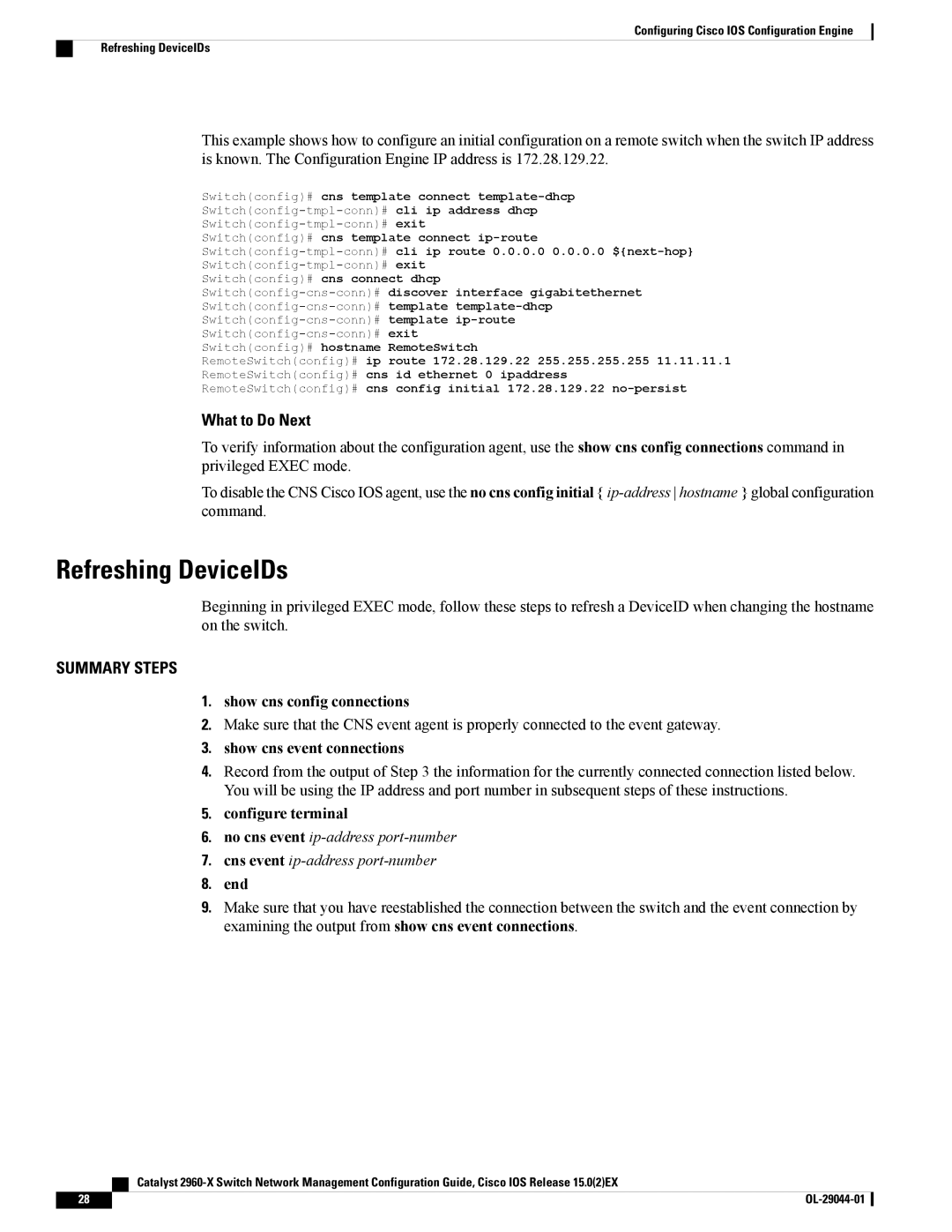 Cisco Systems C2960XSTACK, WSC2960X24TDL Refreshing DeviceIDs, Show cns config connections, Show cns event connections 