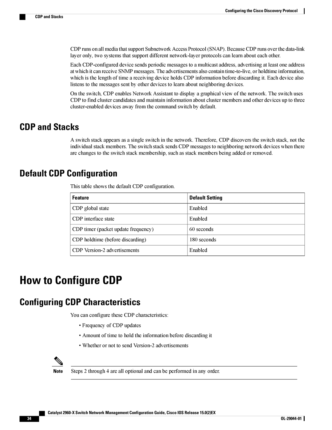 Cisco Systems WSC2960X24PDL, WSC2960X24TDL manual How to Configure CDP, CDP and Stacks, Default CDP Configuration, Feature 