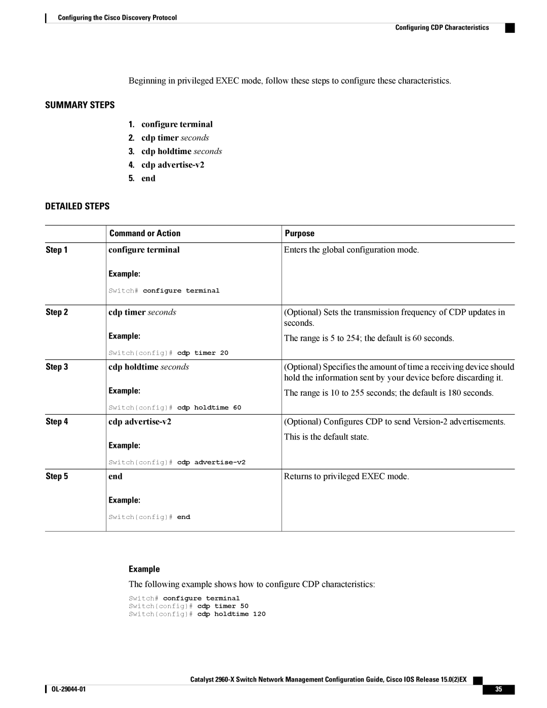 Cisco Systems C2960XSTACK, WSC2960X24TDL, WSC2960X48TSL manual Optional Configures CDP to send Version-2 advertisements 