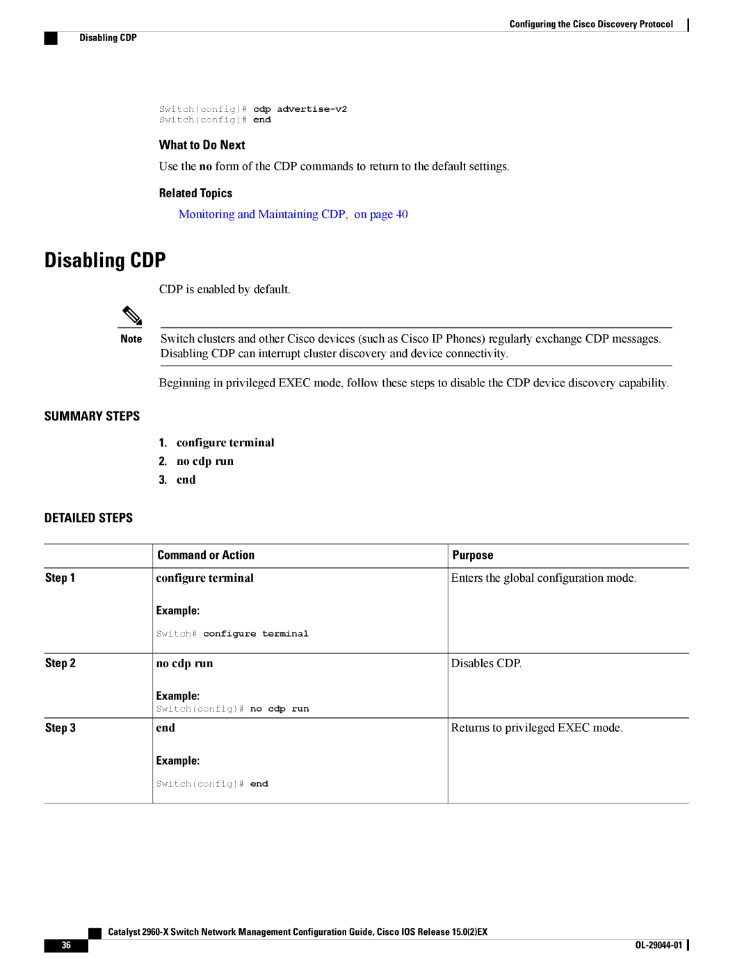 Cisco Systems WSC2960X24TSL, WSC2960X24TDL manual Disabling CDP, Configure terminal No cdp run End, No cdp run Disables CDP 