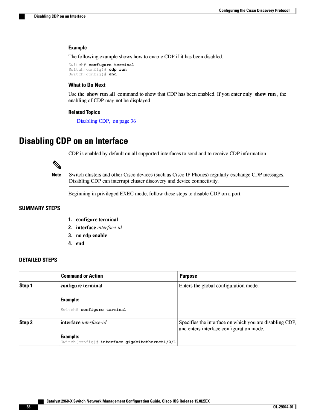 Cisco Systems WSC2960X48TSL manual Disabling CDP on an Interface, No cdp enable End, Enters interface configuration mode 