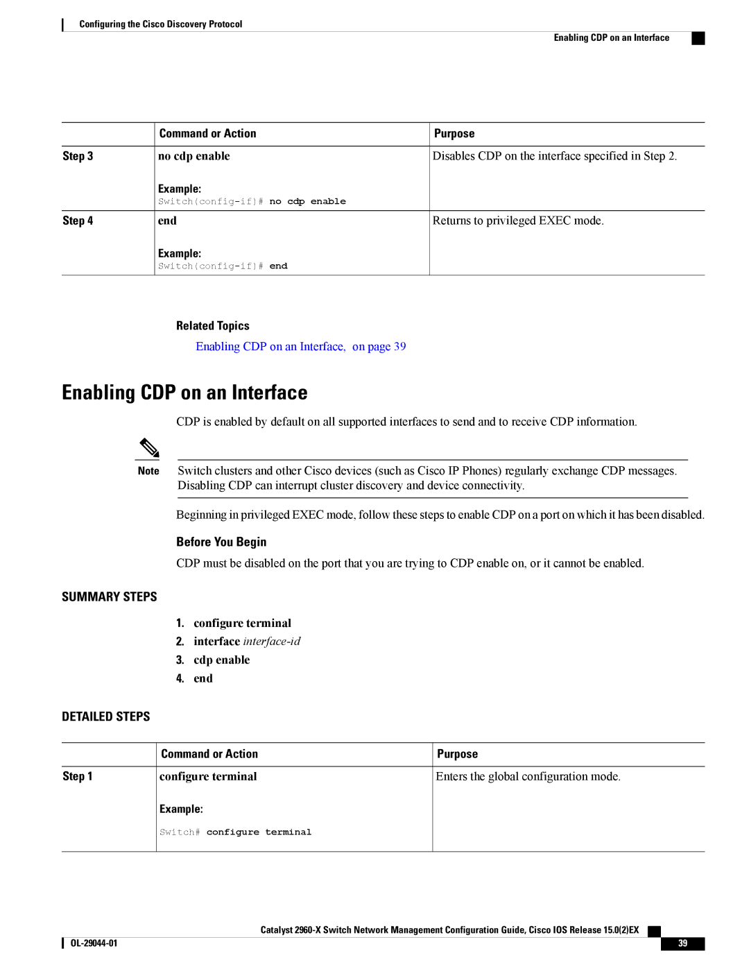 Cisco Systems WSC2960X24PSL, WSC2960X24TDL, WSC2960X48TSL, WSC2960X24TSLL manual Enabling CDP on an Interface, Cdp enable End 