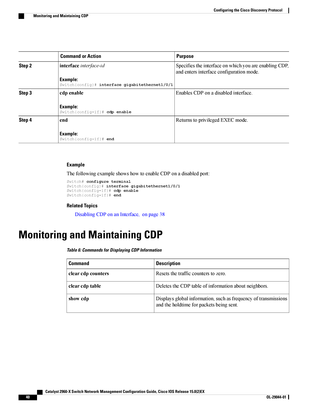 Cisco Systems WSC2960X24TSLL manual Monitoring and Maintaining CDP, Specifies the interface on which you are enabling CDP 