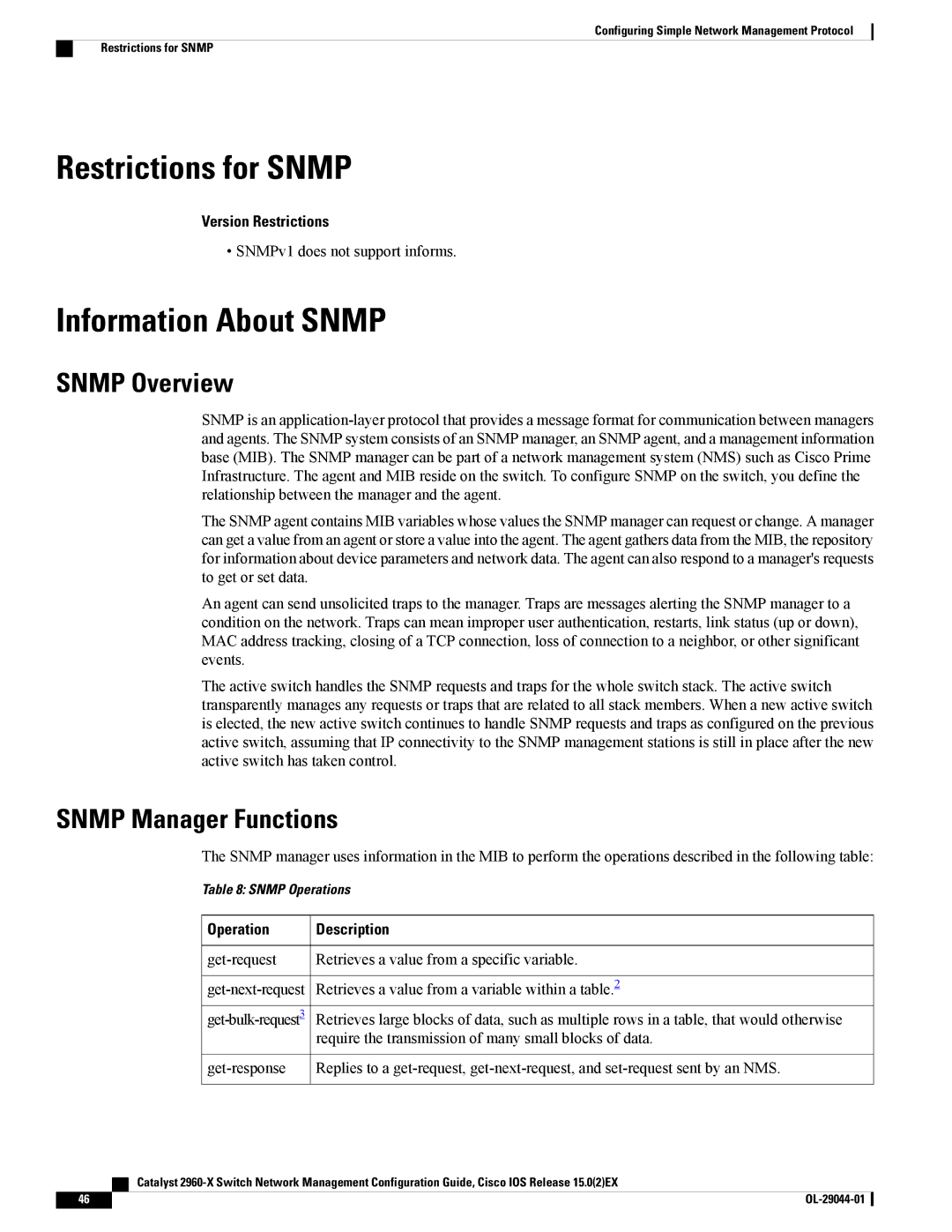 Cisco Systems WSC2960X24PSL manual Restrictions for Snmp, Information About Snmp, Snmp Overview, Snmp Manager Functions 