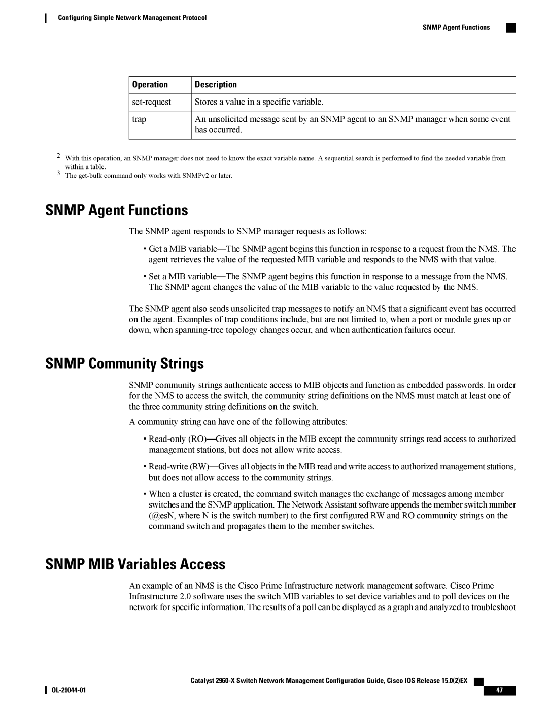 Cisco Systems WSC2960X24TSLL, WSC2960X24TDL manual Snmp Agent Functions, Snmp Community Strings, Snmp MIB Variables Access 