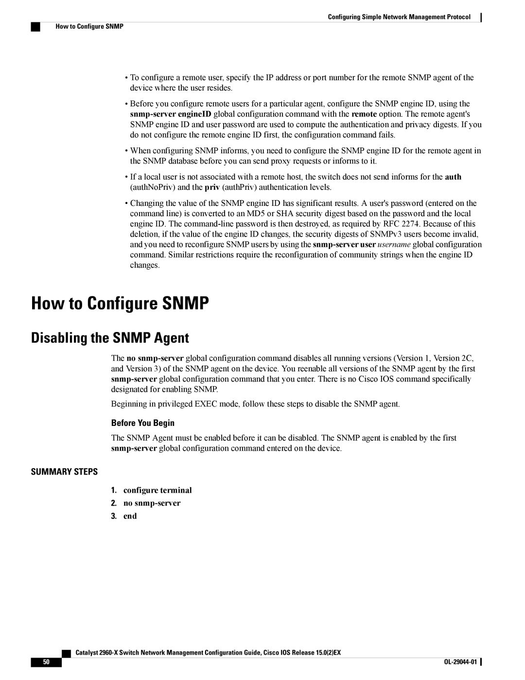 Cisco Systems WSC2960X24TSL manual How to Configure Snmp, Disabling the Snmp Agent, Configure terminal No snmp-server End 