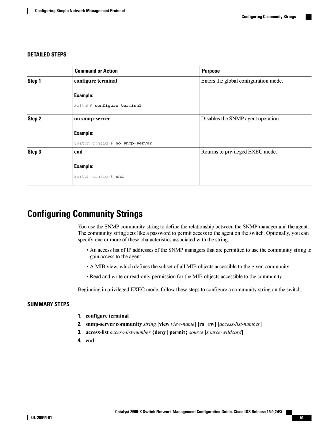 Cisco Systems WSC2960X24TDL, WSC2960X48TSL Configuring Community Strings, No snmp-server Disables the Snmp agent operation 