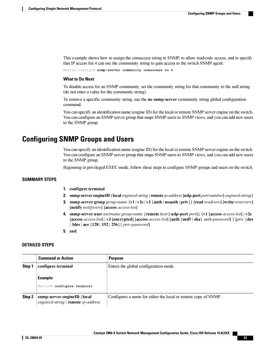 Cisco Systems WSC2960X24PSL, WSC2960X24TDL, WSC2960X48TSL Configuring Snmp Groups and Users, Snmp-server engineID local 