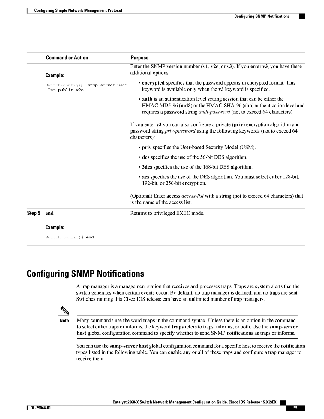 Cisco Systems WSC2960X24PDL, WSC2960X24TDL, WSC2960X48TSL, WSC2960X24PSL manual Configuring Snmp Notifications, End Example 