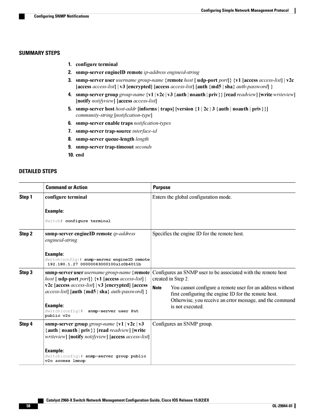 Cisco Systems WSC2960X24TDL manual Snmp-server user username group-nameremote, V2c access access-list v3 encrypted access 