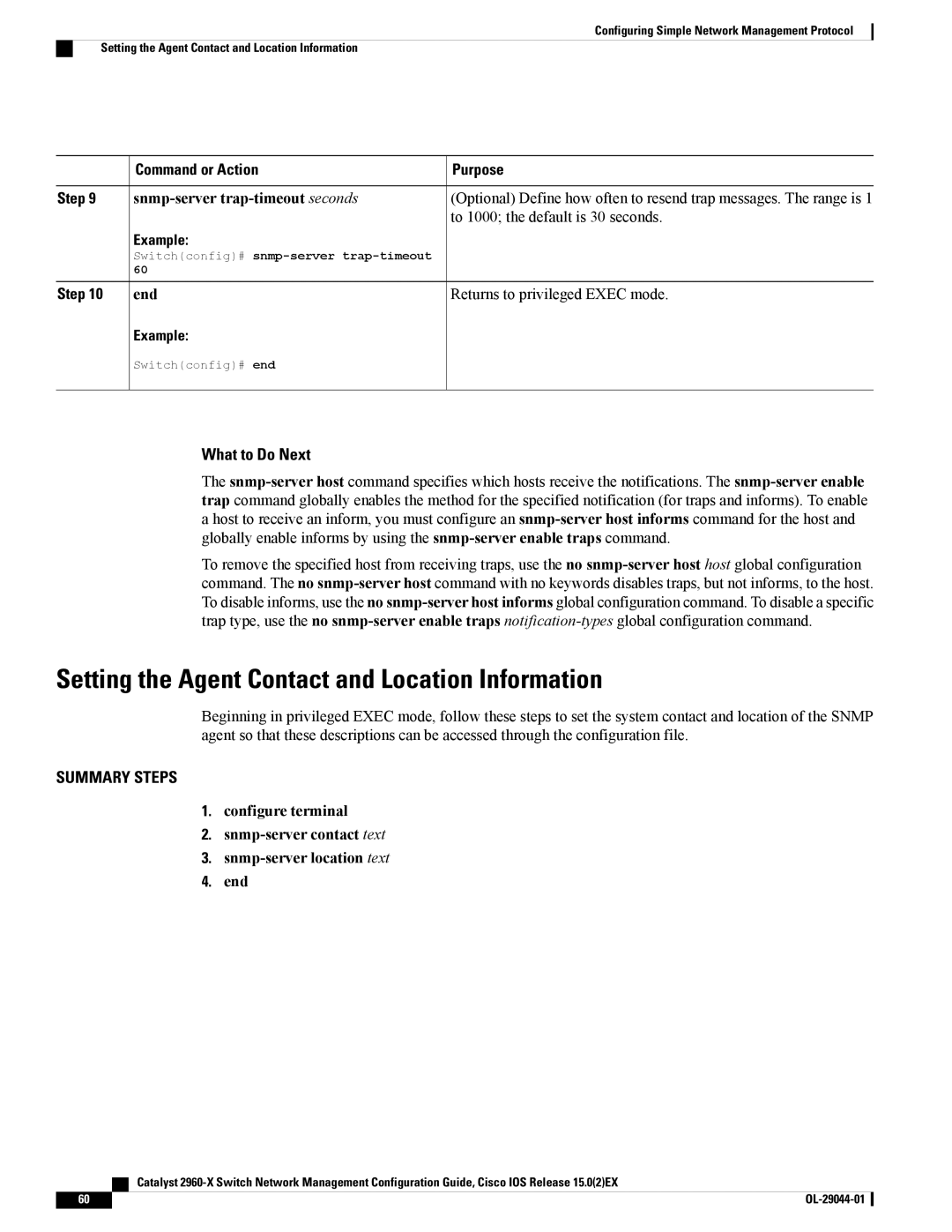 Cisco Systems WSC2960X24PSL manual Setting the Agent Contact and Location Information, End Returns to privileged Exec mode 